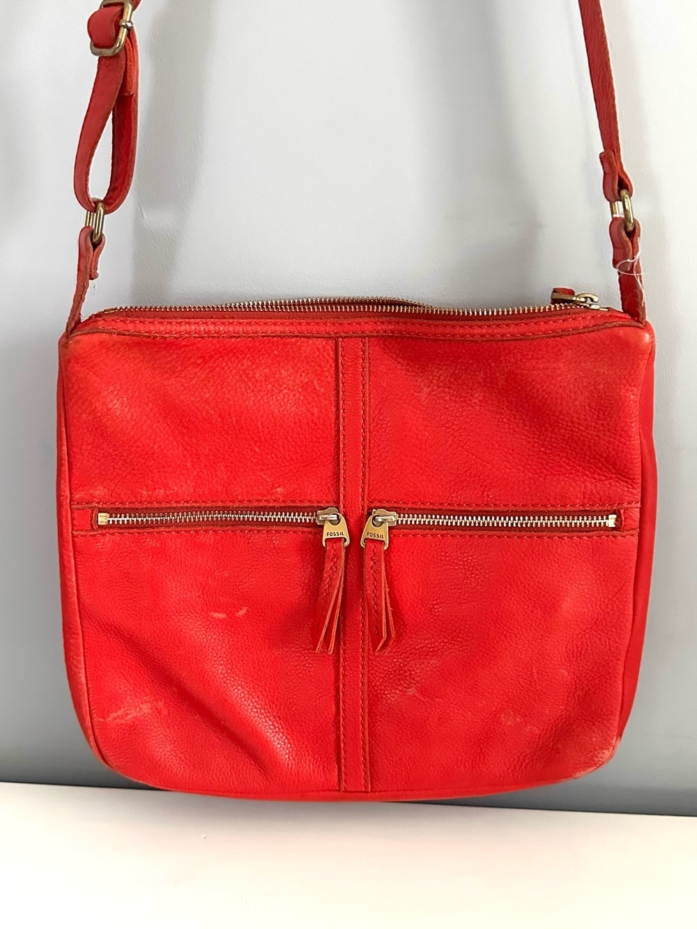 Fossil - Red Leather, Medium Size, Crossbody Bag, Gold Accents,